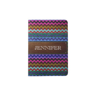 Leather Colorful Chevron Stripes Monogram #38 Passport Holder