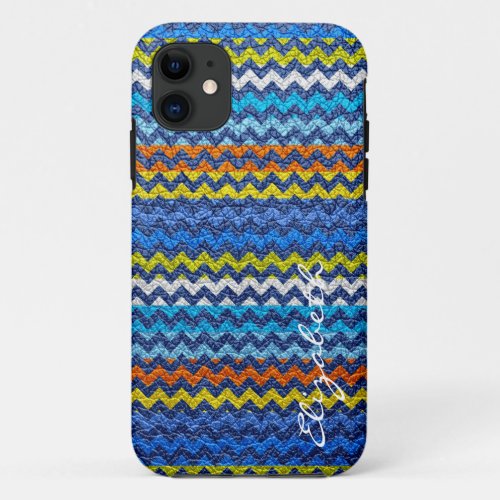 Leather Colorful Chevron Stripes Monogram iPhone 11 Case