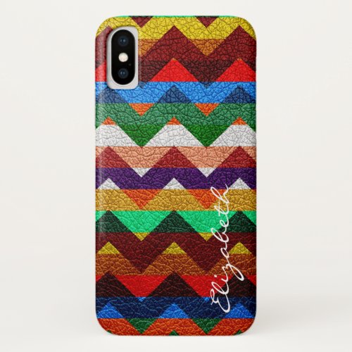 Leather Colorful Chevron Stripes Monogram iPhone X Case