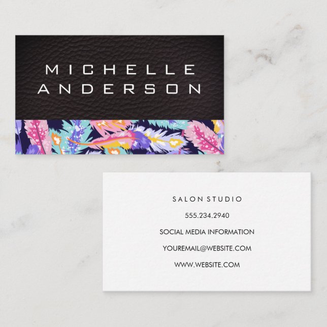 Leather | Colorful Feather Pattern Business Card (Front/Back)