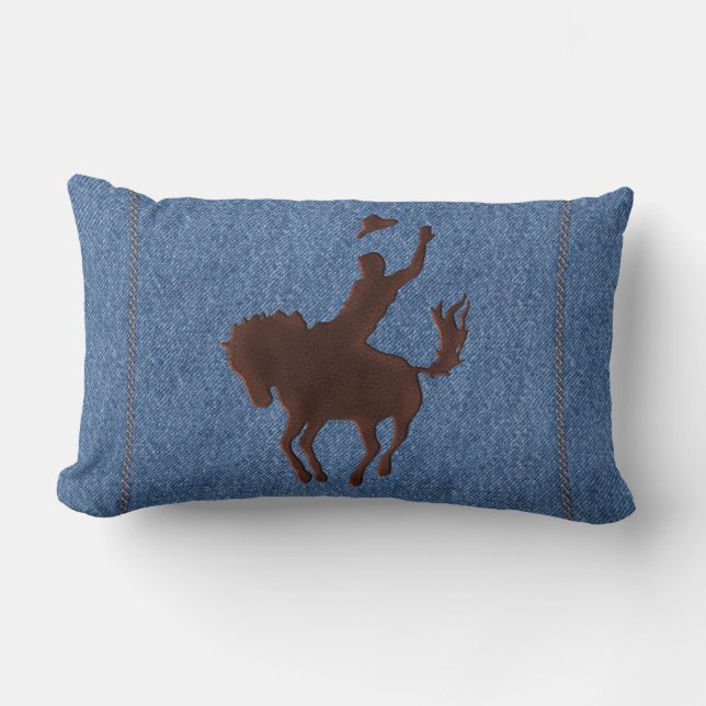 Leather Cowboy and Horse on Denim (Lumbar Pillow) Lumbar Pillow (Front)