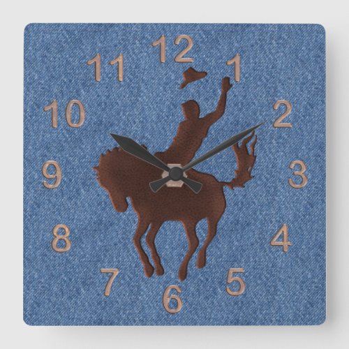 Leather Cowboy and Horse on Denim Square Wall Clock