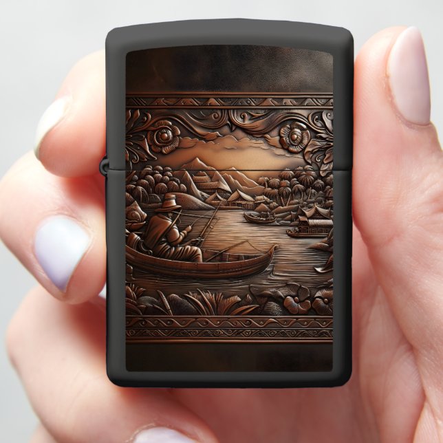 Leather Crafted Angler Lake Scene Zippo Lighter (In Hand)