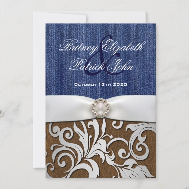 Leather & Denim Damask Western Wedding Invitations (Front)