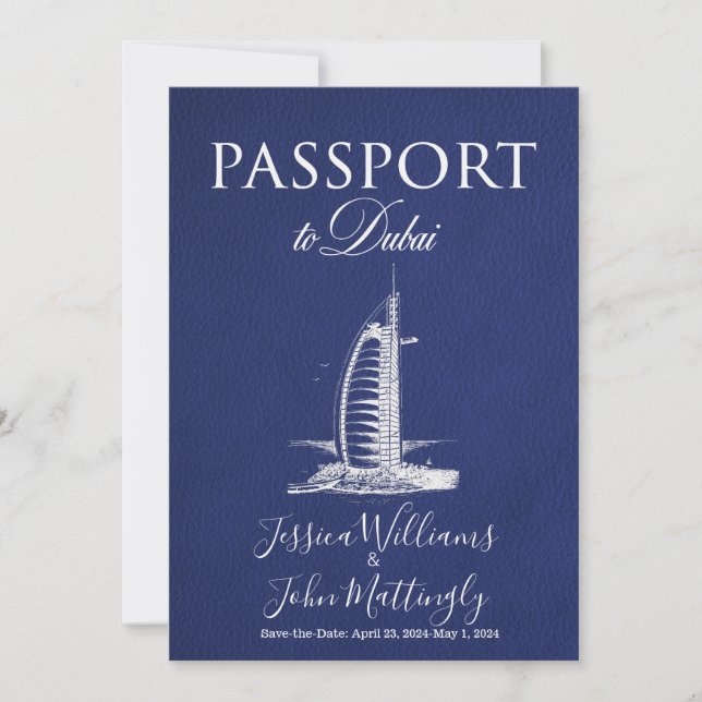 Leather Dubai Passport Wedding Save the Date Invitation (Front)