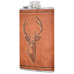leather embossed stags head. flask
