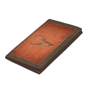 leather embossed stags head. tri-fold wallet