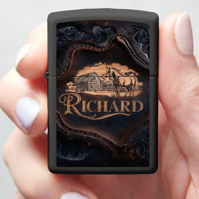Leather Engraved Sign With Horse Zippo Lighter (In Hand)