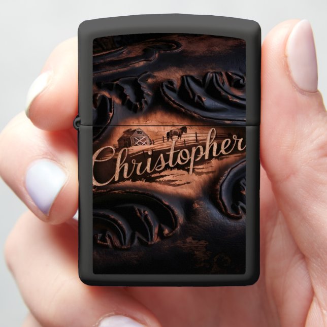 Leather Engraved With Farm Scene Zippo Lighter (In Hand)