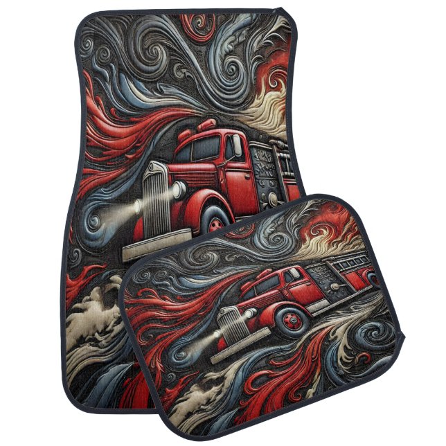 Leather Fire Truck Scene Design Car Floor Mat (Set)