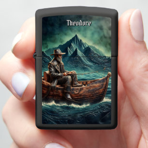 Leather Fisherman Mountain Blue Ocean Zippo Lighter