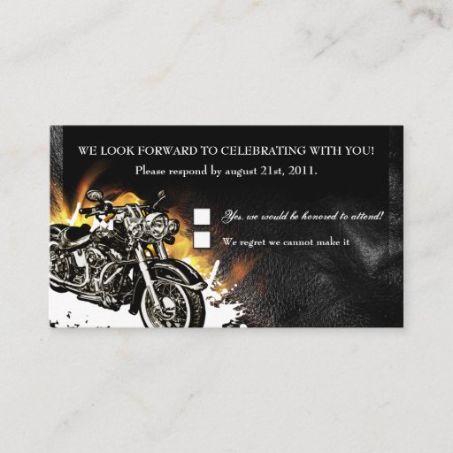 Customizable Leather &amp; Flames Biker RSVP Reception card Business Card Template
