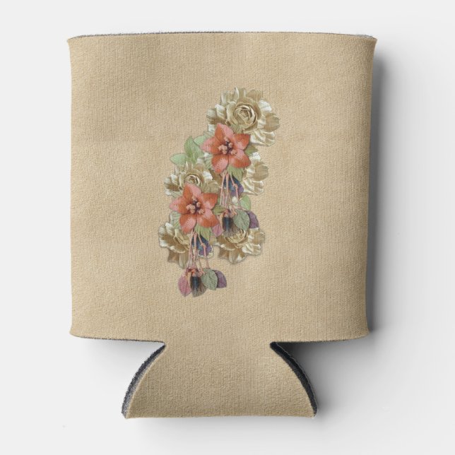 Leather Flowers on Cream Suede Can Cooler (Front)