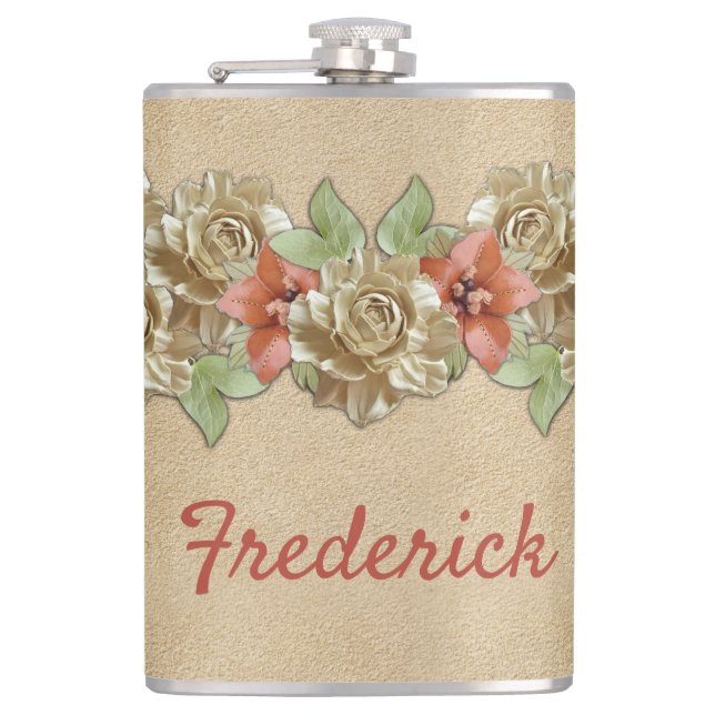 Leather Flowers on Cream Suede Flask (Front)