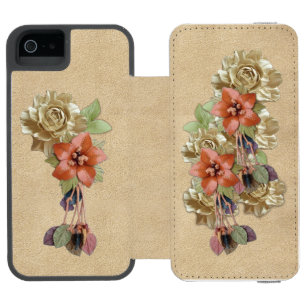 Leather Flowers on Cream Suede iPhone SE/5/5s Wallet Case