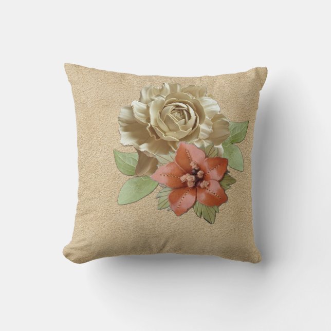 Leather Flowers on Cream Suede  Throw Pillow (Front)