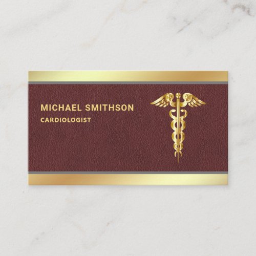 Leather Gold Caduceus Symbol Medical Professional Business Card