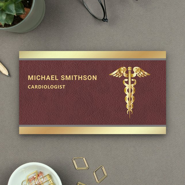 Leather Gold Caduceus Symbol Medical Professional Business Card (Creator Uploaded)
