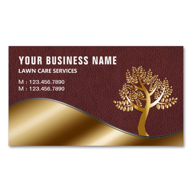 Leather Gold Tree Gardening Landscaping Lawn Care Business Card Magnet (Front)