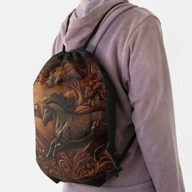 Leather Horse Ranch Scene Drawstring Bag (Insitu)