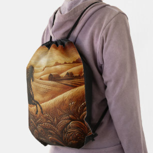 Leather Horse Ranch Sunset Drawstring Bag