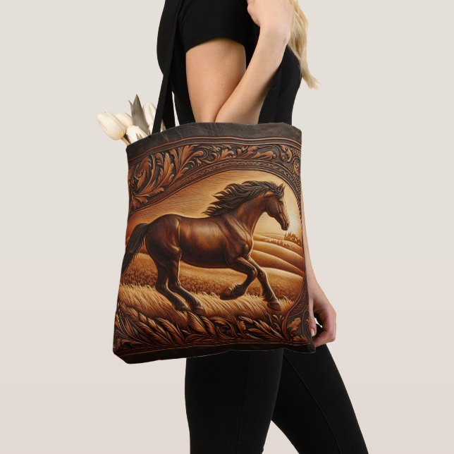 Leather Horse Ranch Sunset Tote Bag (Close Up)