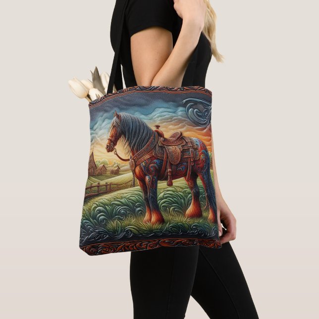 Leather Horse Ranch Sunset Tote Bag (Close Up)
