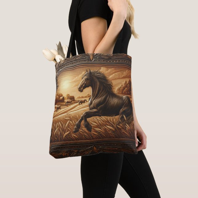 Leather Horse Ranch Sunset Tote Bag (Close Up)