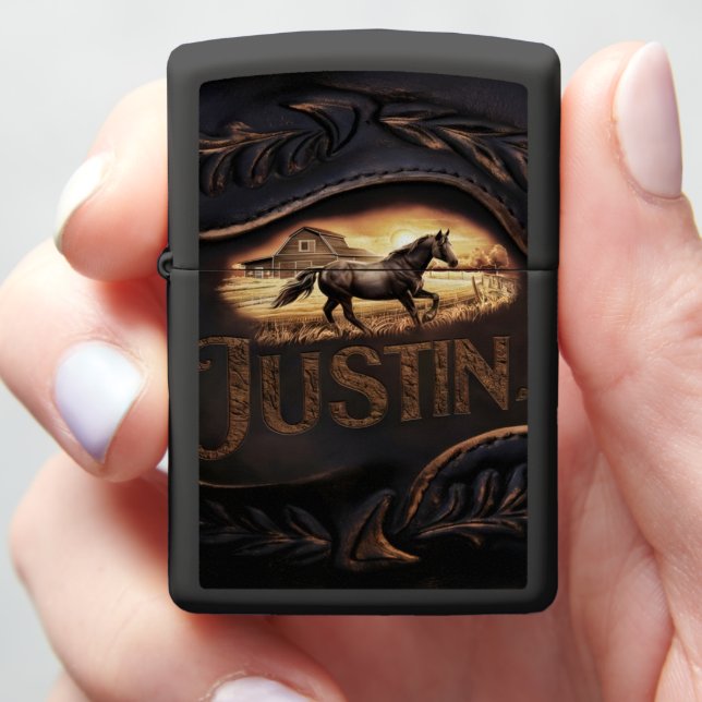 Leather Horse Scene With Barn Zippo Lighter (In Hand)