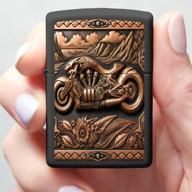 Leather-Inspired Futuristic Motorcycle Artwork Zippo Lighter (In Hand)