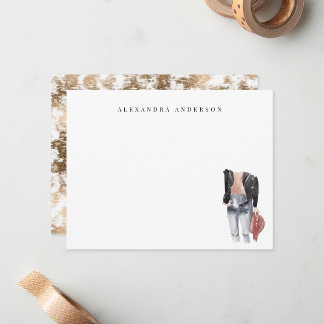 Leather Jacket & Jeans Personal Stationery Note Card (Front/Back In Situ)