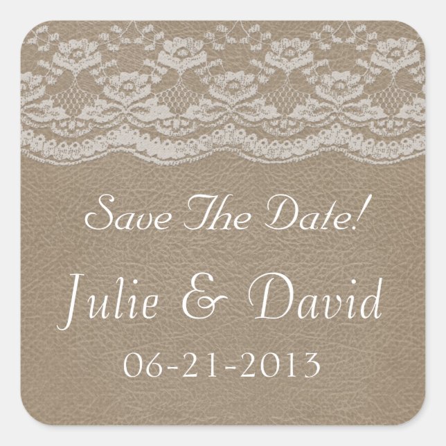 Leather & Lace Wedding Save The Date Square Sticker (Front)