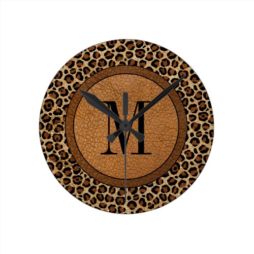 Leather Leopard Vintage Modern Boho Big Monogram Round Clock