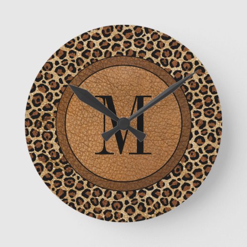 Leather Leopard Vintage Modern Boho Big Monogram Round Clock