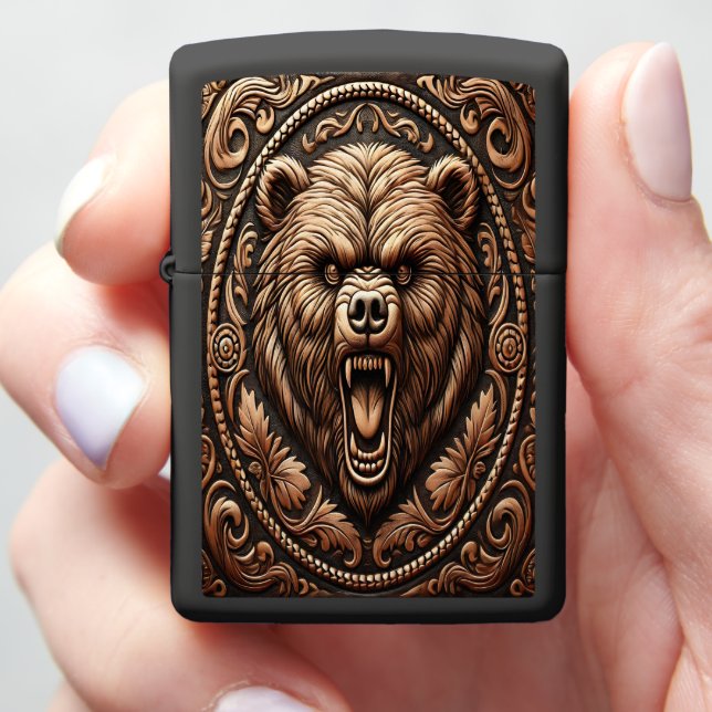 Leather-Like looking Bear Angry Head Zippo Lighter (In Hand)