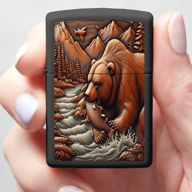 Leather Look Bear By The River Zippo Lighter (In Hand)