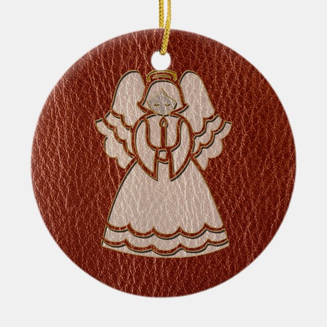 Leather-Look Christmas Angel Ceramic Ornament (Front)