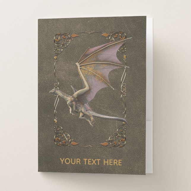 Leather look Dragon Bronze Metal Pocket Folder (Front)