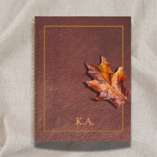 Leather-Look Gold Frame Red Autumn Leaf Notebook