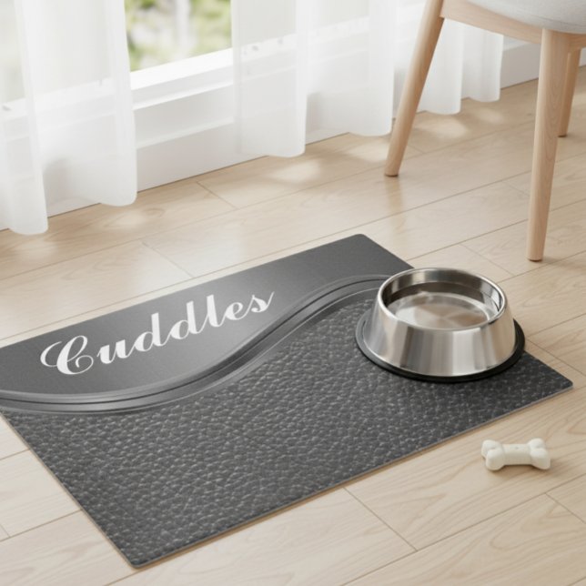 Leather look Monogram Name Dog Cat Pet Food Mat (Creator Uploaded)