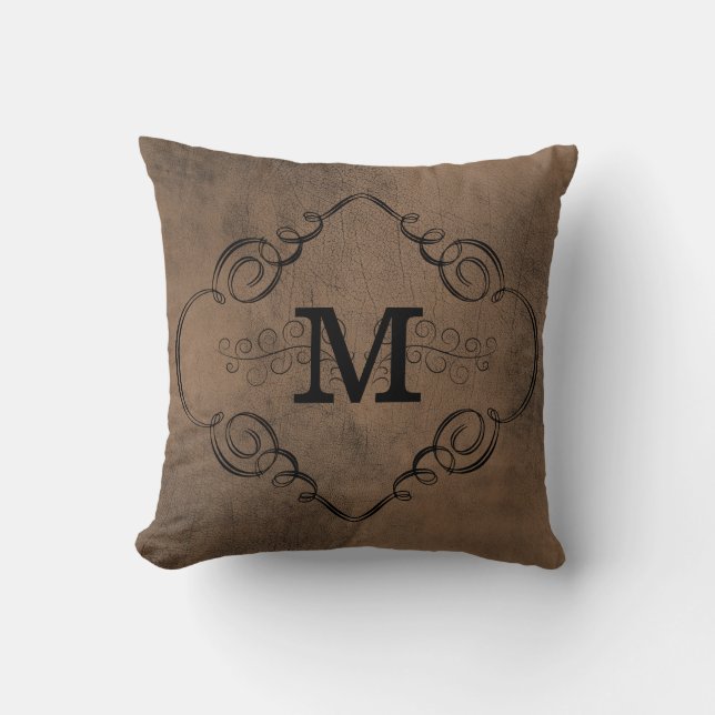Leather Look Monogram Wedding Keepsake Throw Pillow (Front)