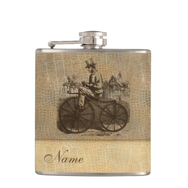 Leather look wintage classy old bike personalized flask (Front)