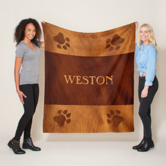 Leather Look With Paws And Name - Not Real Leather Fleece Blanket