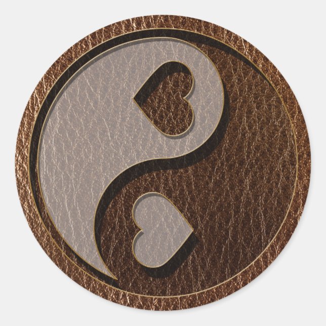 Leather-Look Yin Yang Heart Classic Round Sticker (Front)