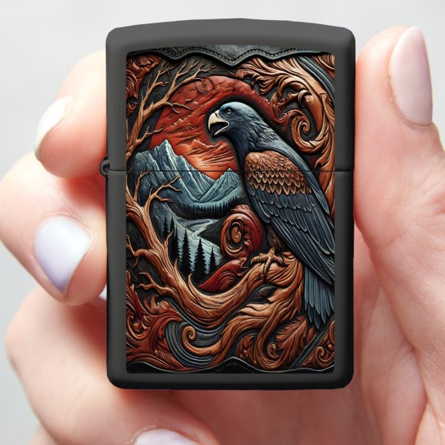 Leather-looking Majestic Eagle Artwork Zippo Lighter (In Hand)