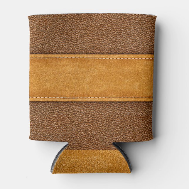 Leather Luxe: Stitched Brown Elegance Can Cooler (Front)