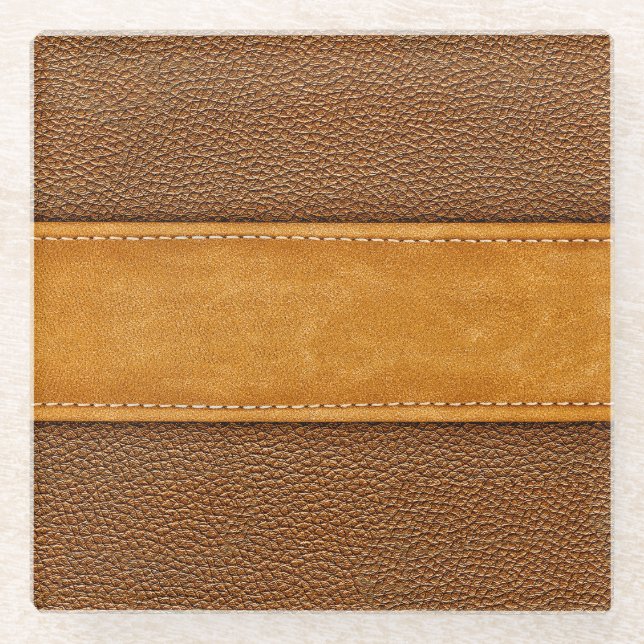 Leather Luxe: Stitched Brown Elegance Glass Coaster (Front)