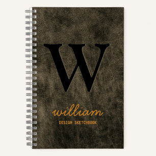 Leather Monogram black gold script name Notebook