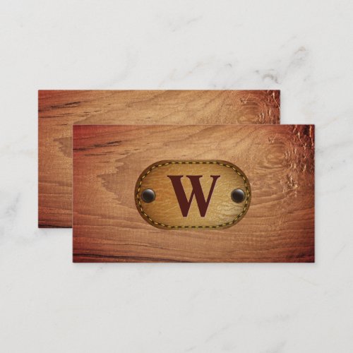 Leather  Monogram Brown Stitched  Wood Grain Business Card