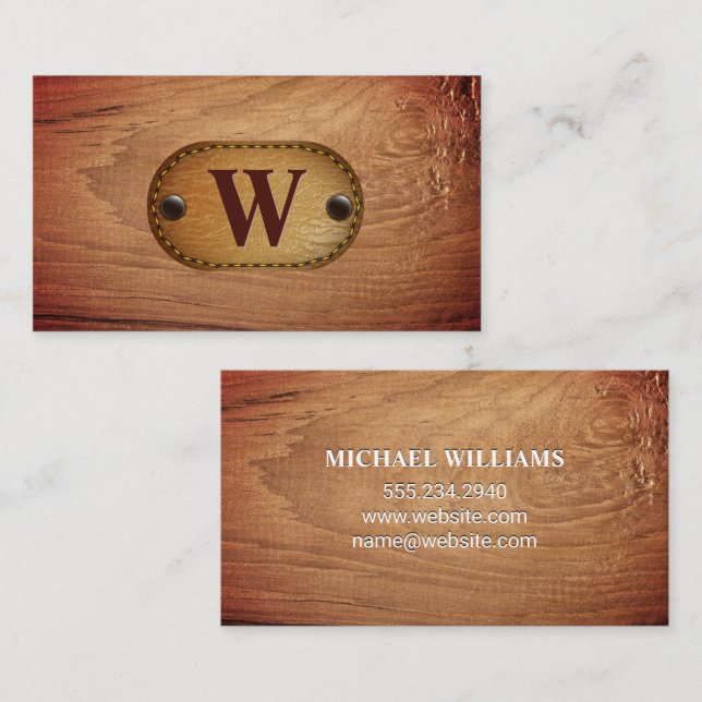 Leather | Monogram Brown Stitched | Wood Grain Business Card (Front/Back)